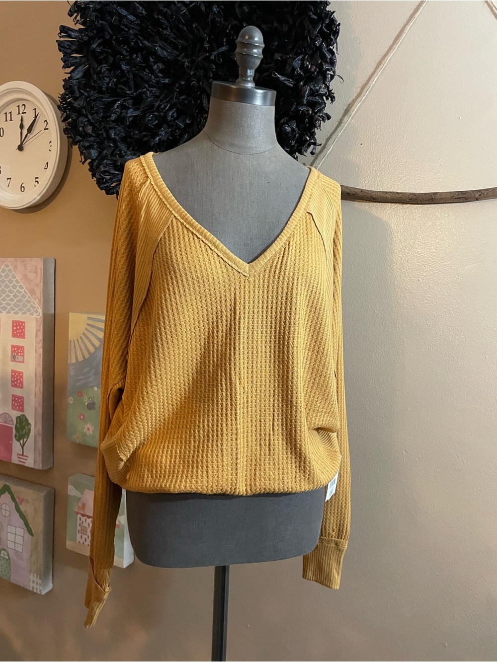 Free People V-Neck Waffle Knit Sweater in Mustard Yellow
